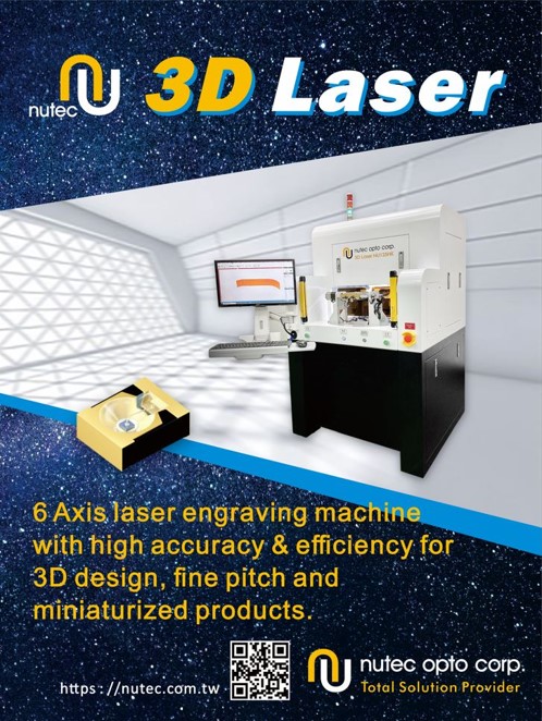 六軸 3D 雷雕加工設備示意圖，用於高精度 Fine Pitch 與微型化產品製程